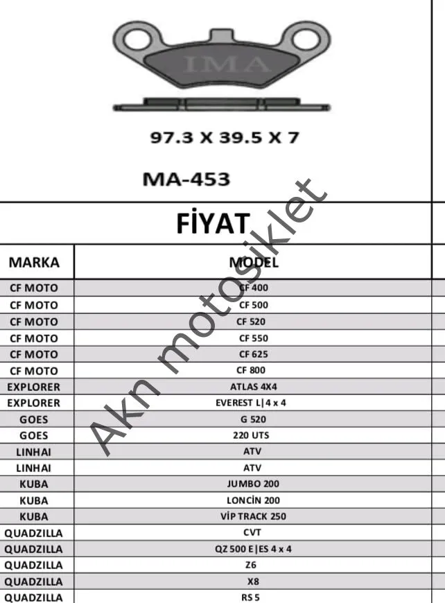 YARI SİNTER CF 400 -500 -520 -550 ATV 2013 LONCİN 200  VİP TRACK 250  ÖN DİSK BALATA