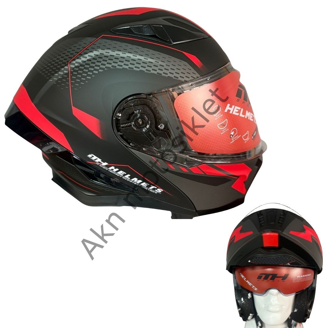 Motosiklet Kaskı Mat Kırmızı Siyah Çeneden Açılır Vizörlü MH-928