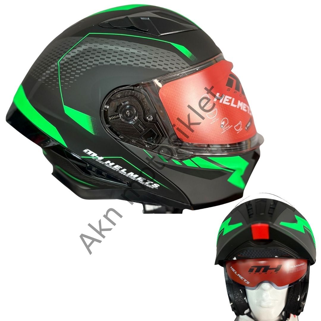 Motosiklet Kaskı Mat Yeşil Siyah Çeneden Açılır Vizörlü MH-928
