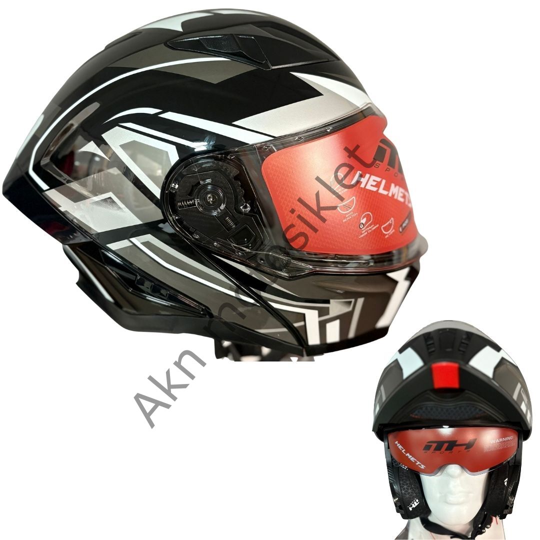 Motosiklet Kaskı Parlak Siyah Beyaz Çeneden Açılır Vizörlü MH-928