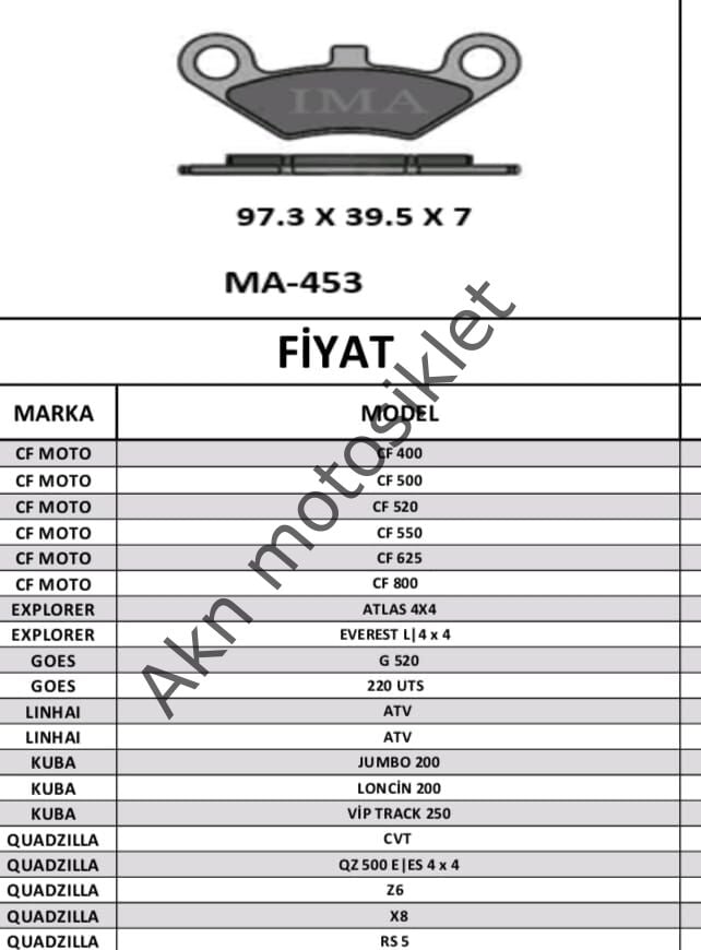 YARI SİNTER CF 400 -500 -520 -550 ATV 2013 LONCİN 200  VİP TRACK 250  ÖN DİSK BALATA