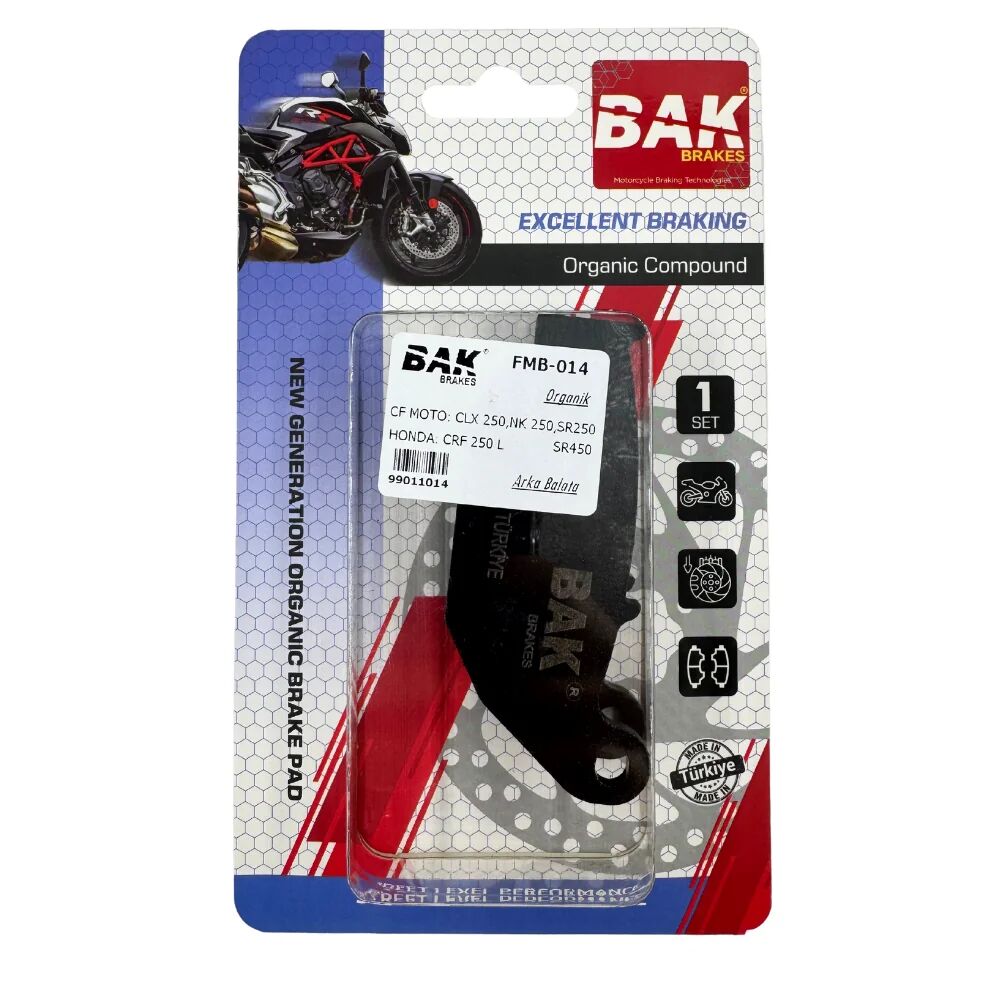 DİSK FREN BALATASI BAK ORGANİK CF MOTO CL-X250, NK250, SR250, HONDA CRF250, MSX125, SUZUKI CSX-R125, RM250, BENELLİ BN125, YAMAHA XMAX 125, IRON MAX 125